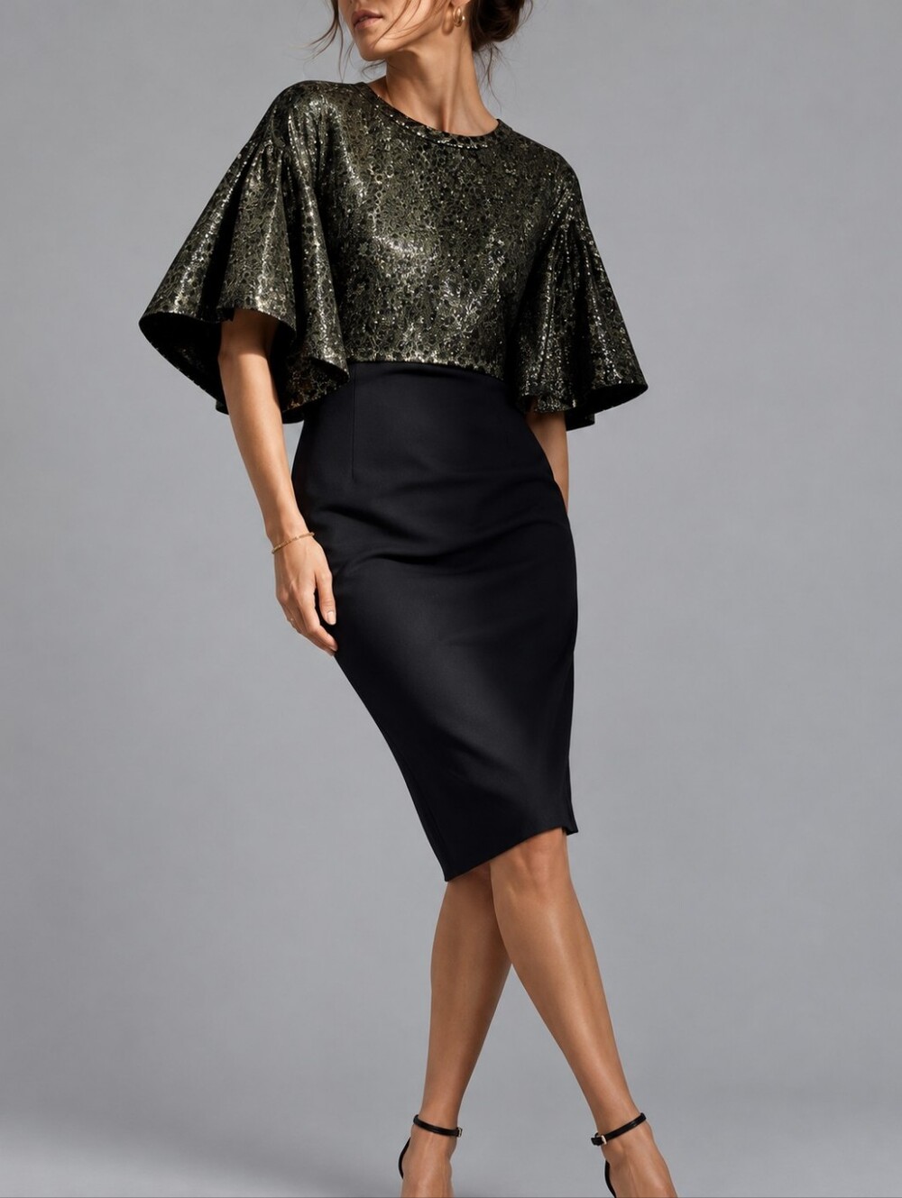 AUDRA Black Green Metallic Leopard Fan Sleeve Cocktail Dress Womens Size 10